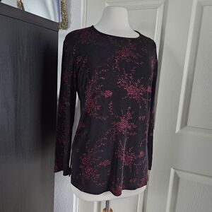 Black Red Glitter Stretchy Long Sleeve Top Vintage Notations Women's Size Medium
